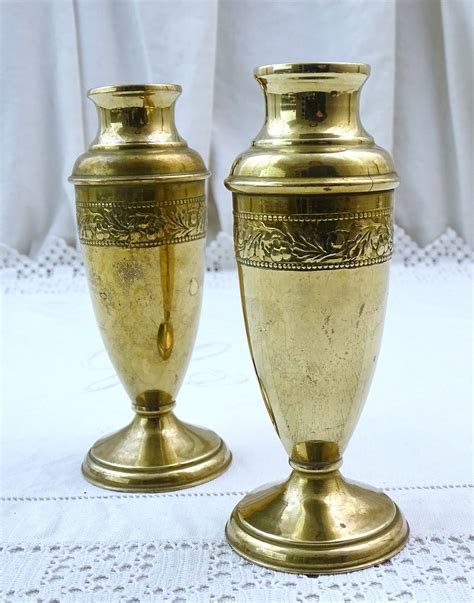 Small Pair Of Antique French Brass Footed Vases With Embossed Pattern 2 Matching Retro