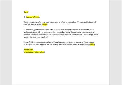 Sponsorship Thank You Letter Sponsorship Thank You Letter Template