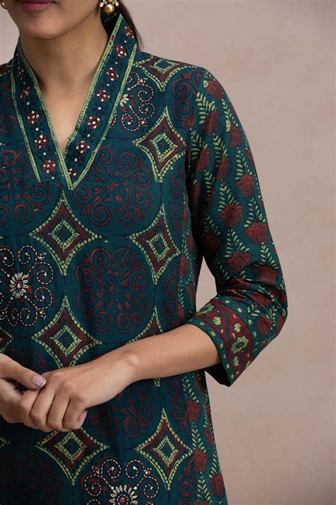 Buy Green Block Printed Straight Cotton Kurta For Women Fgmk20 248 Farida Gupta