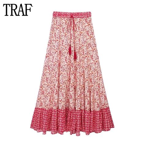 TRAF 2024 Floral Pleated Skirt Women High Waist Long Skirt Woman Tassel