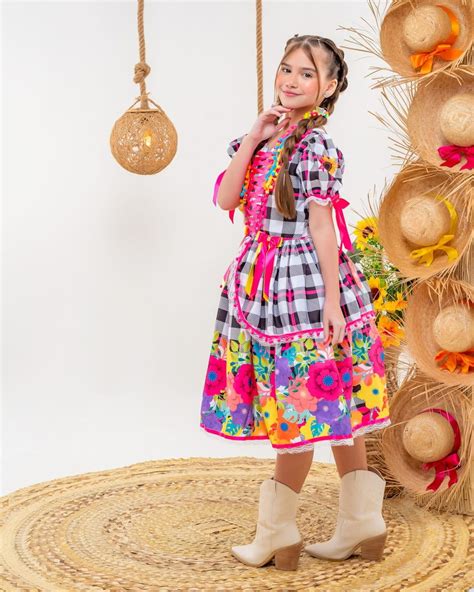 Vestido Caipira Festa Junina Infantil Xadrez Rosa Floral Elo