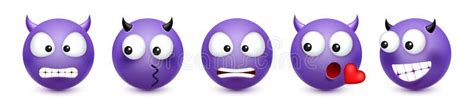 Cartoon Emoji Emoticons Collection Violet Face With Emotions Mood