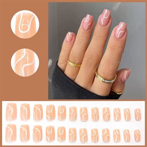 Justotry 24 Pcs White Swirl Fake Nails Long Nude Press On Nails With