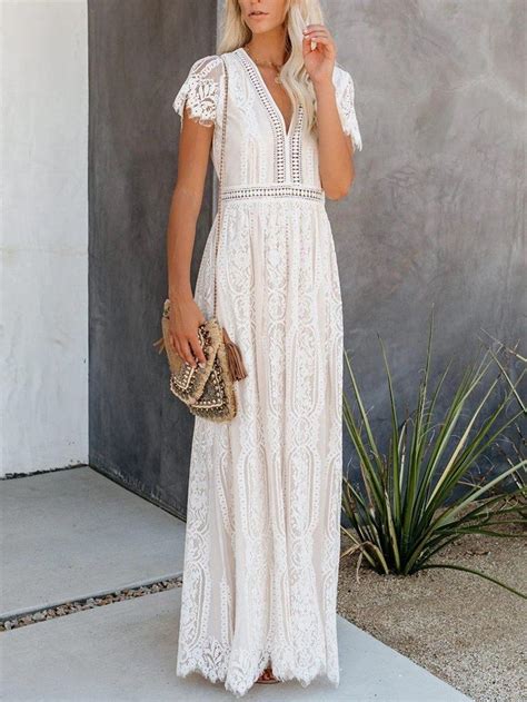 V Neck Lace Maxi Dress White Cream Midi Dress White Lace Maxi Dress