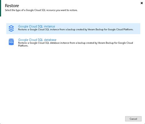 Step 1 Launch Restore To Google Cloud SQL Wizard Veeam Backup For