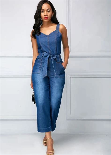 Blue Color Sleeveless Casual Denim Straight Jumpsuit Women V Neck Wide