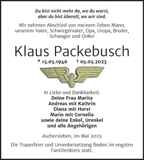 Traueranzeigen Von Klaus Packebusch Abschied Nehmen De