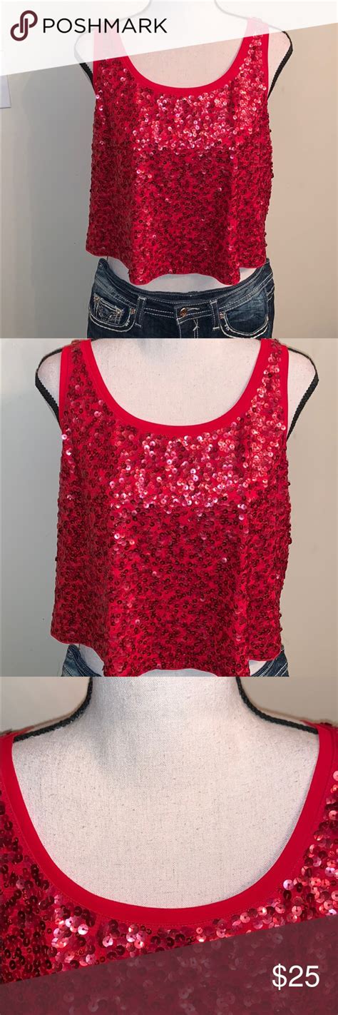 NWT Express Red Sequin Sleeveless Cropped Top Red Sequin Sleeveless