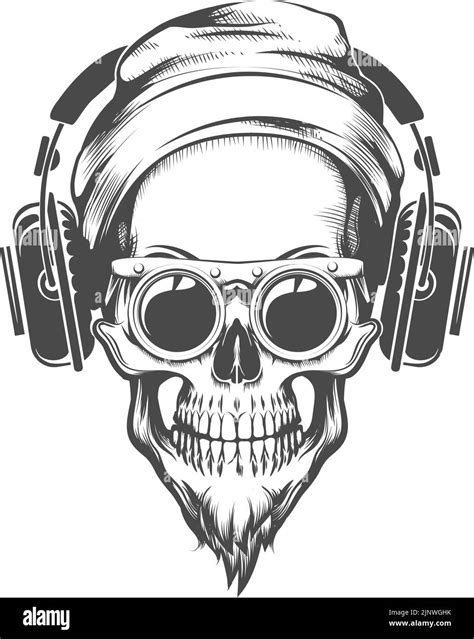 Tattoo Of Skull With Beard In Beanie Glasses And Headphones Vector