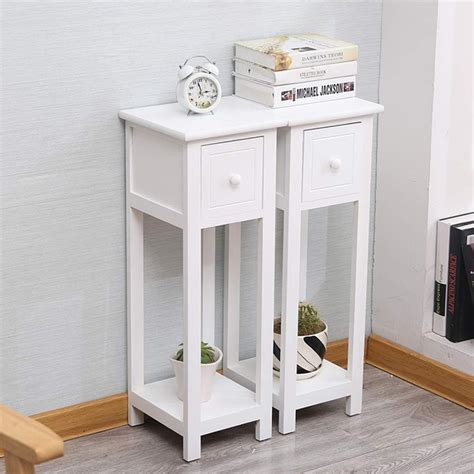 Exqui Bedside Tables Set Of 2 With Drawer White Slim Living Room Tables Small Nightstand With