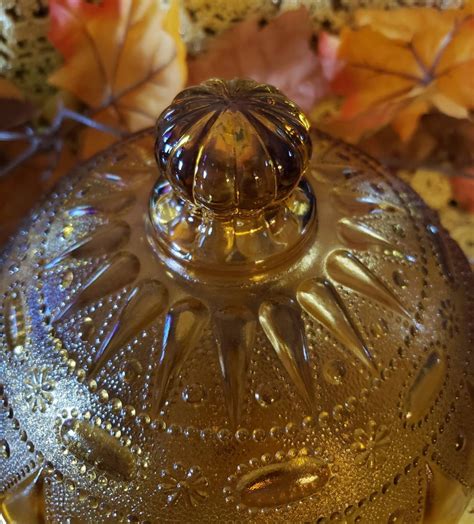 Amber Glass Lidded Bowl Vintage Kemple Wheatoncraft Glass Etsy