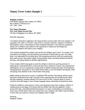 Fillable Online Nanny Cover Letter Sample Fax Email Print Pdffiller