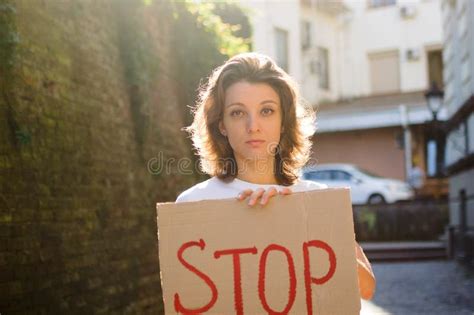 Young Protesting Woman On Stage With Microphone Stock Image Image Of