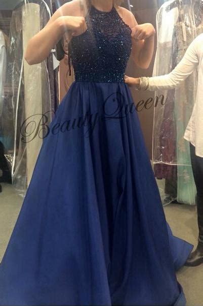 Cerulean Satin High Neck Prom Dress With Lace Appliques Bodice On Luulla