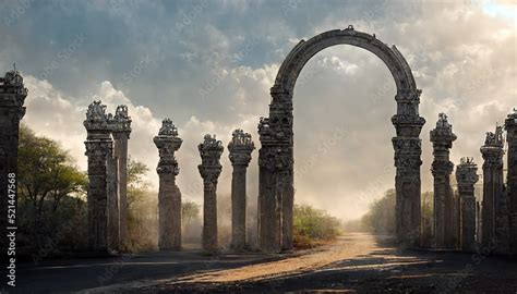 Raster Illustration Of Ancient Arch And Pillars Gateway To Ancient