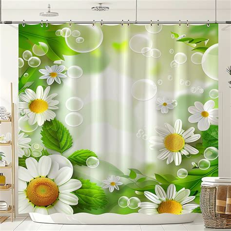 Whimsical Butterfly And Daisy Shower Curtain With Green Leaves Bubble