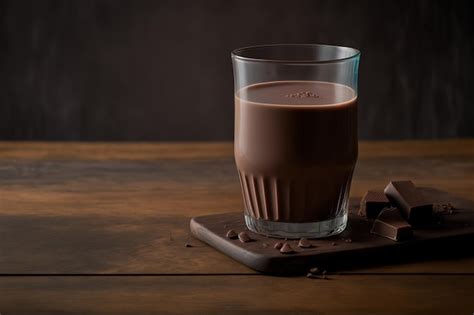 Premium Ai Image Delicious Chocolate Milk In A Glass On A Wooden Table With Room For Text