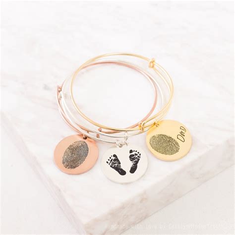 Fingerprint Bracelet Handwriting Disc Charm Bangle Actual Etsy