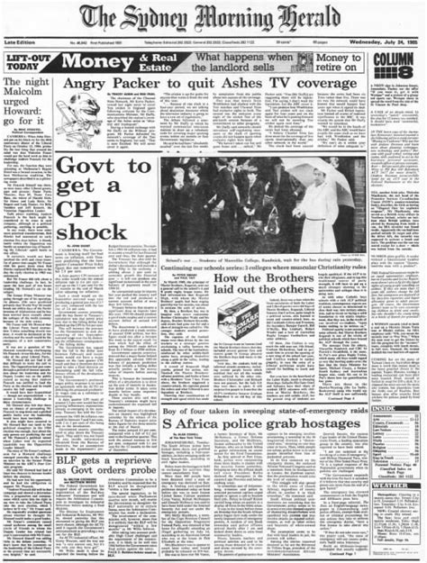 The Sydney Morning Herald Front Page 24 July 1985