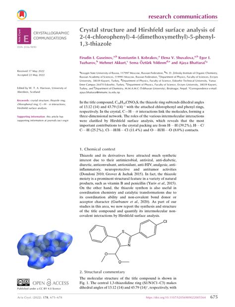 PDF Crystal Structure And Hirshfeld Surface Analysis Of 2 4 Chloro