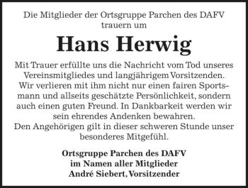 Traueranzeigen Von Hans Herwig Abschied Nehmen De