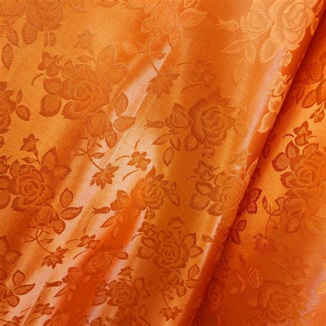 Orange Polyester Floral Jacquard Brocade Satin Fabric By The Yard For