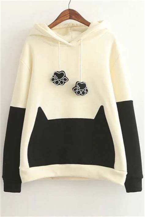 Trendy Color Block Cute Cat Ears Hooded Sweatshirt With Bow Back