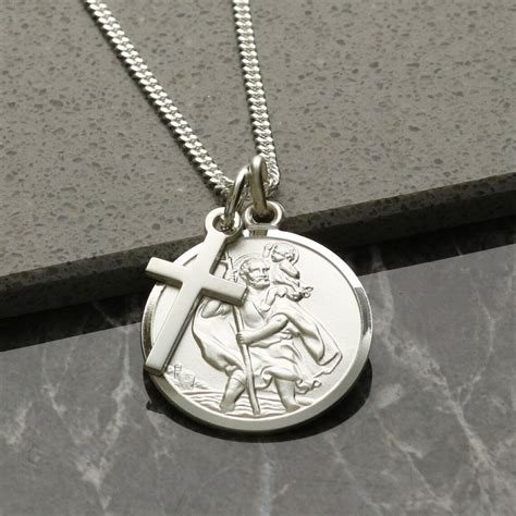 Sterling Silver St Christopher Mm Medal And Cross Layered Etsy Uk