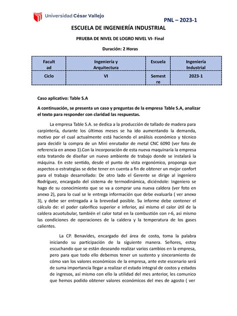 Pnl Ii Final Nivel Ii Escuela De Ingenier A Industrial Prueba De