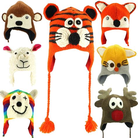 Wool Knit Animal Earflap Hat Fleece Lined Fox Tiger Rainbow Monkey