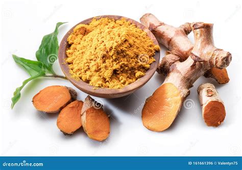 Fresh Turmeric Rhizome And Turmeric Powder Isolated On White Background