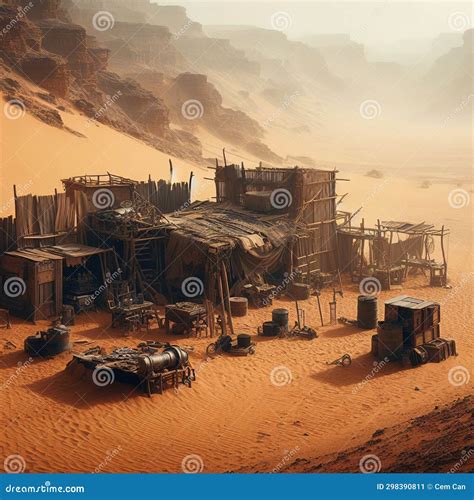 Desert Outpost In A Harsh Unforgiving Environment With Makeshift