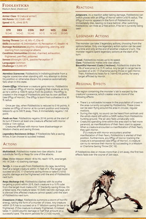 Hey I Made A Fiddlesticks Dandd 5e Stat Block For An Upcoming One Shot R Fiddlesticksmains