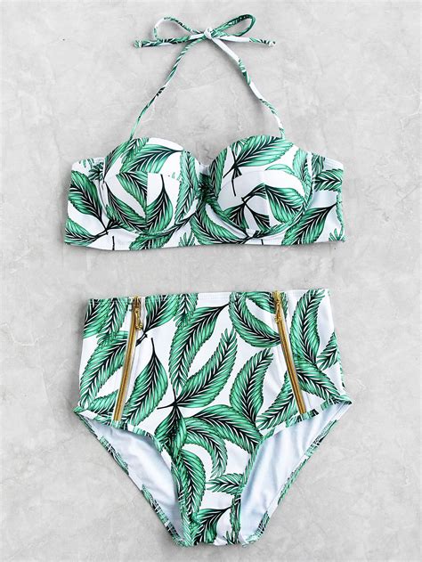 Shop Leaf Print Front Zipper High Waist Bikini Set Online Shein Offers