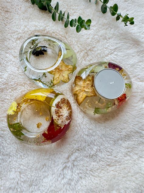 handmade resin tealight holder dried flowers fruits fall decor etsy