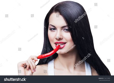 Sexy Brunette Woman Biting Chili Pepper Stock Photo Edit Now