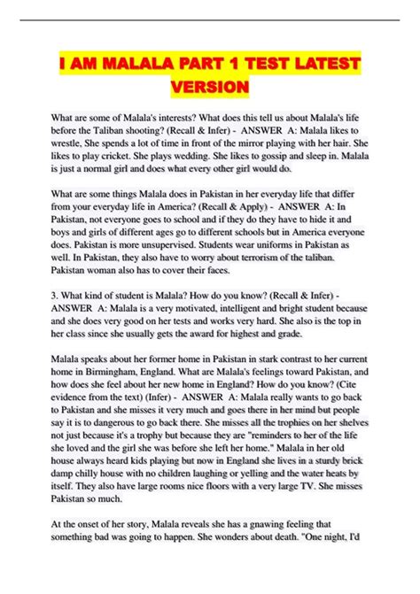 I AM MALALA PART 1 TEST LATEST VERSION - I AM MALALA - Stuvia US