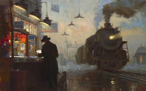 railway, Train Station, Painting, Steam Locomotive, Train, Vintage ...