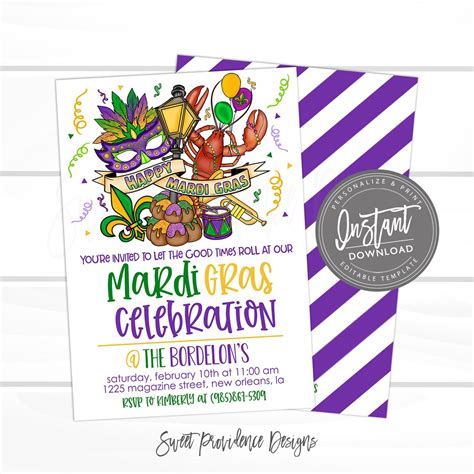 Mardi Gras Invitation Mardi Gras Celebration Editable Carnival Party