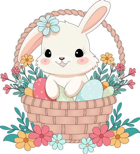 Cute Little Rabbit With Easter Eggs In Basket Vector Illustration Easter Bunny With A Basket