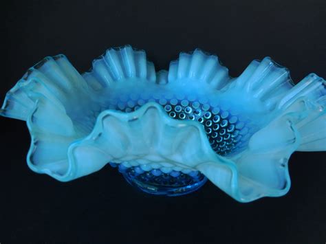 Vintage Fenton Hobnail Blue Opalescent Bowl Piecrust Ruffle Rim Double Crimped By