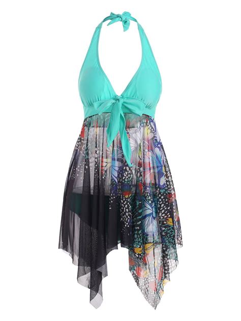 24 Off 2021 Mesh Butterfly Sheer Handkerchief Halter Tankini Swimwear In Multicolor Dresslily