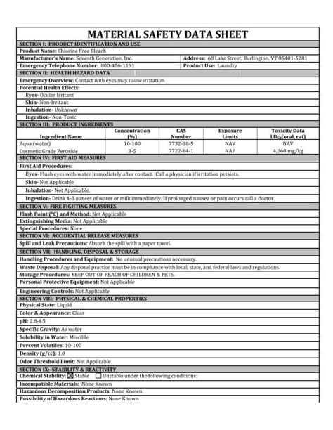 Printable Msds Data Sheets Bleach