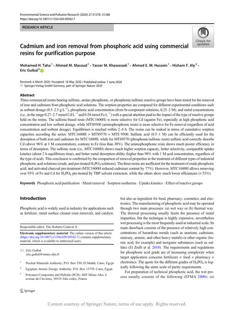 Cadmium And Iron Removal From Phosphoric Acid Using Commercial Resins For Purification Purpose