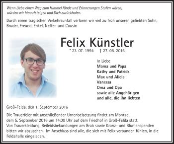 Traueranzeigen Von Felix K Nstler Vrm Trauer De