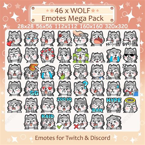 Wolf Emotes X 46 For Twitch Discord Emote Gray Wolf Twitch Emote Pack