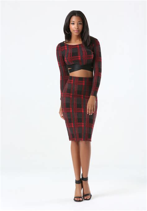 Bebe Plaid And Satin Crop Top In Red Lyst