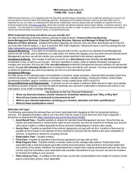 Fillable Online Reports Adviserinfo Sec Govcrscrs143665HBW Advisory