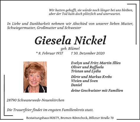 Traueranzeigen Von Giesela Nickel Trauer Gedenken