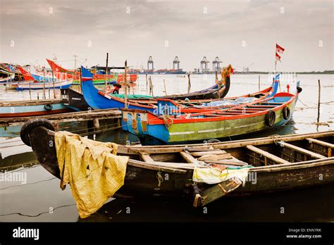 Traditional Colourful Fishing Boats In The Harbour Of Fort Kochi Stock